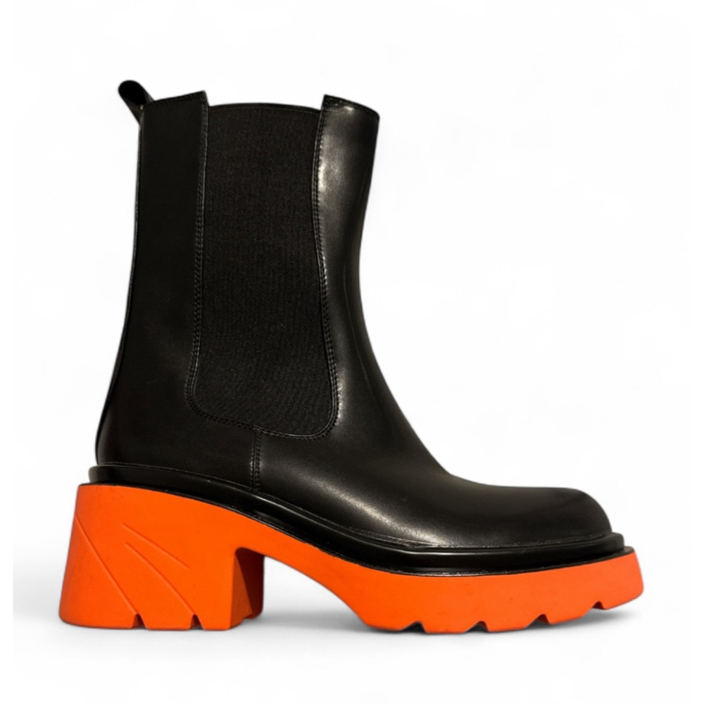 Vivianly Chunky Lug Boots Black Platform Heel with Bright Orange Sole New